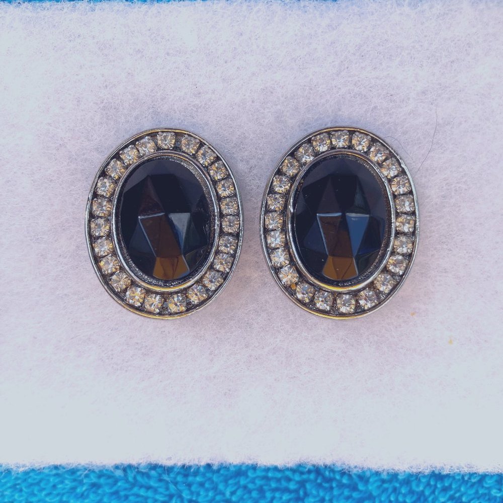 Vintage Faux Onyx and Rhinestone Earrings